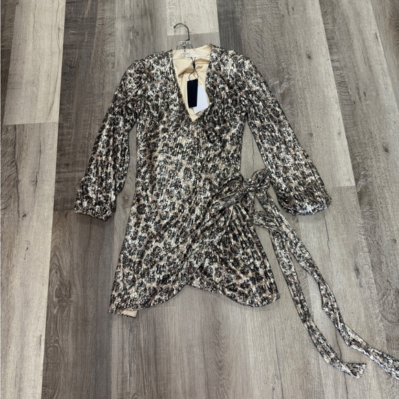 🍁Gianni Bini Brown Sequin Wrap Dress Long Sleeve V-Neck - Picture 4 of 5